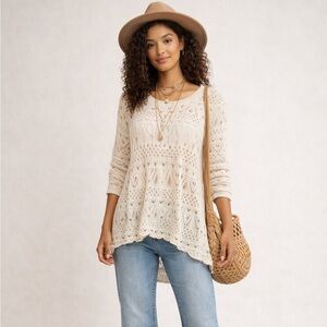 Creamy Lace Loose Knit Long Sleeved Sweater Asymmetrical Hem